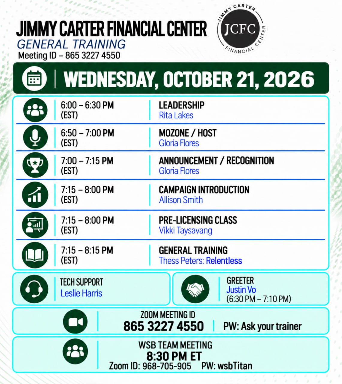 JCFC Weekly Training & Meeting agenda for Wednesday, October 21, 2026